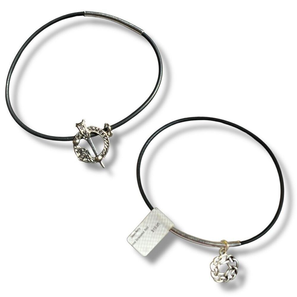 Set of Two Celtic-Inspired Black Jelly Bracelets with Silver Tone Charms
